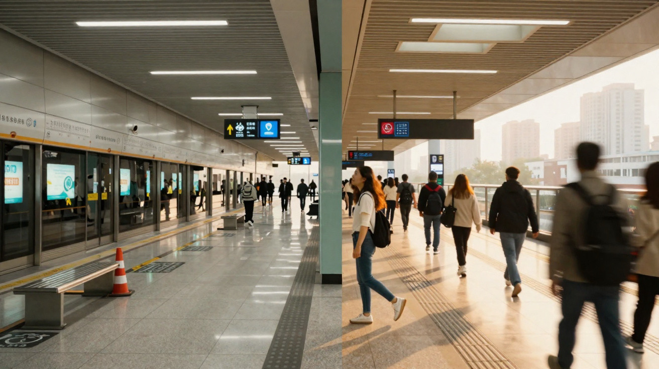 Menschen in einer modernen, gut beleuchteten U-Bahn-Station mit Zug auf der linken Seite.
