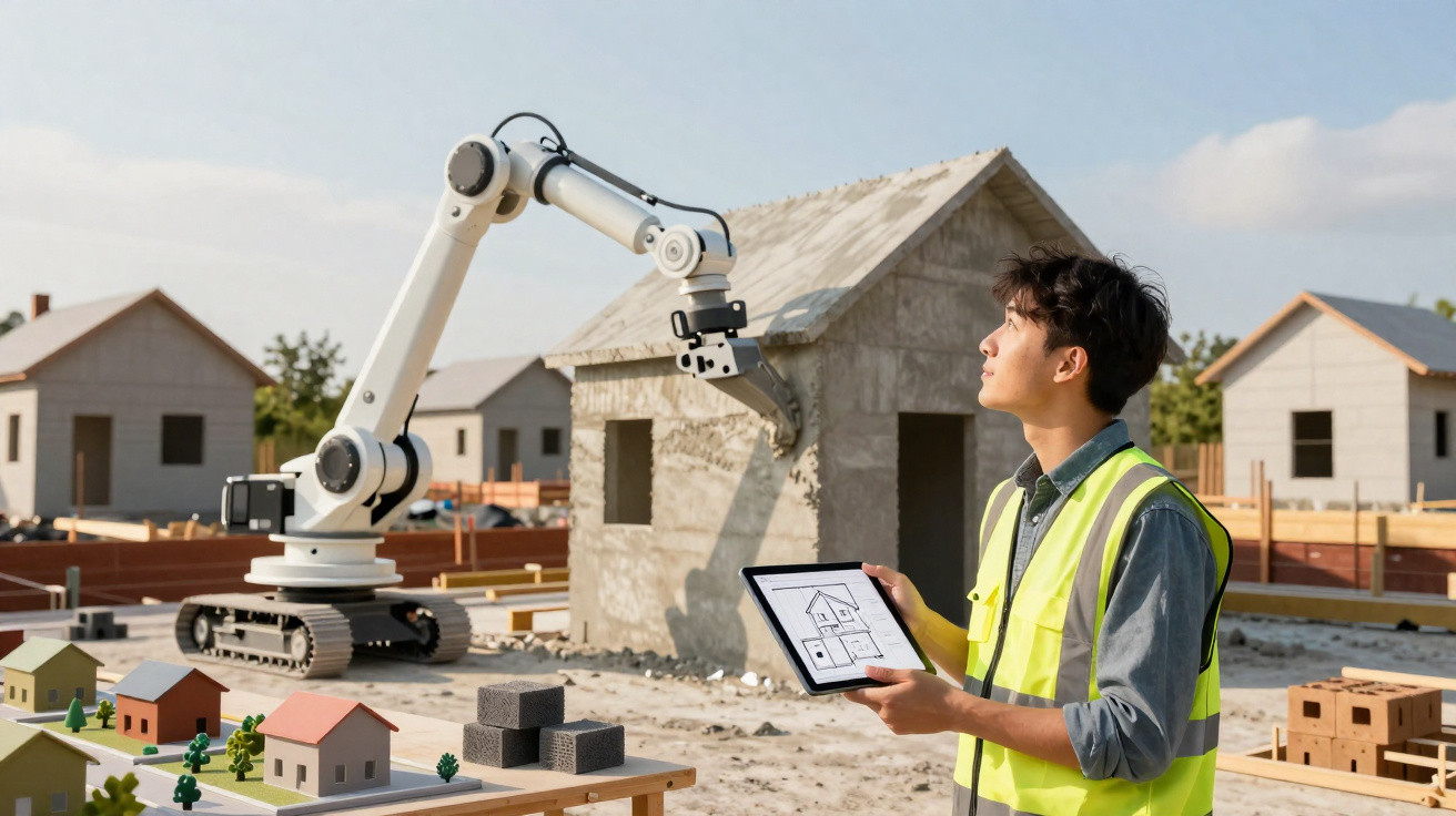 Ingenieur mit Tablet steuert Roboterarm, der an Modellhaus auf Baustelle arbeitet.
