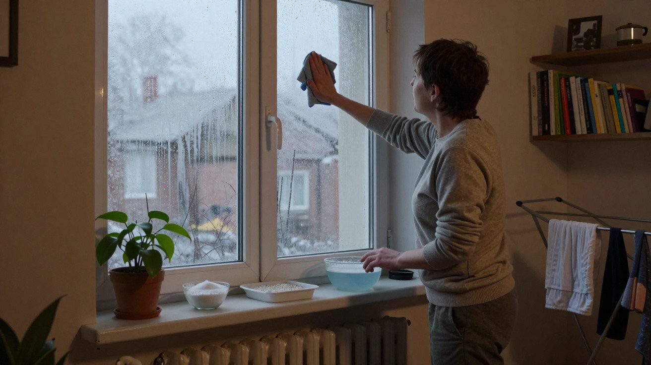 Frau wischt feuchtes Fenster in einem Wohnzimmer mit Pflanzen und Büchern auf dem Regal.