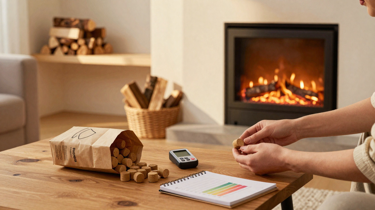 Person hält Korken an Holztisch mit Feuerstelle, Notizbuch und Messgerät in gemütlichem Wohnzimmer.