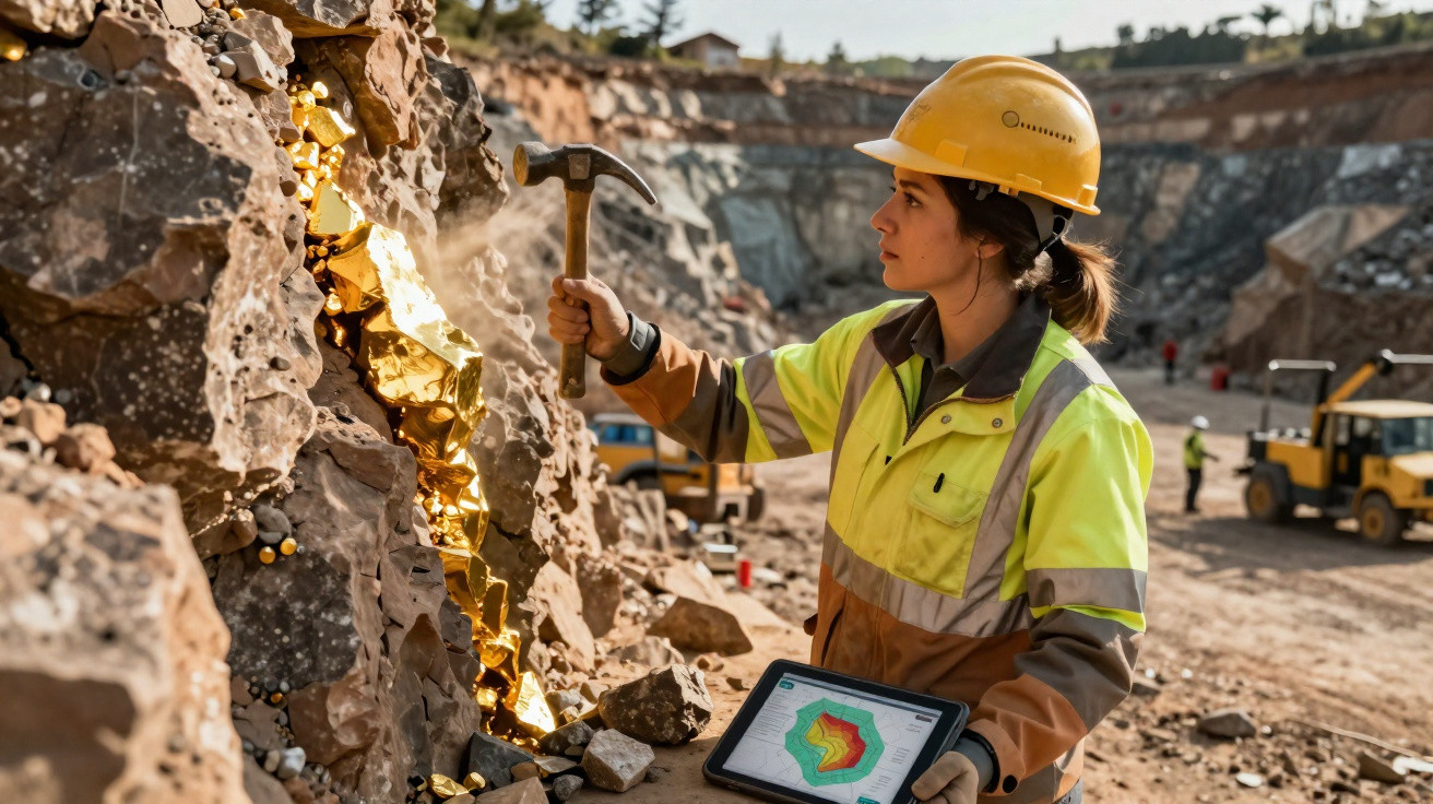 Bergbauarbeiterin mit Helm schlägt mit Hammer auf goldhaltigen Felsen, hält Tablet mit Geodaten.