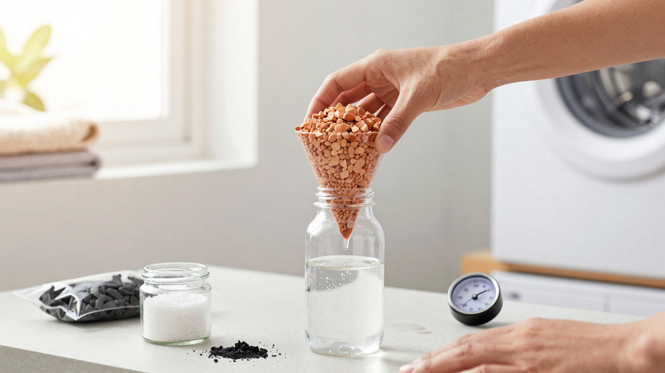 Hand füllt Wasserflasche mit Granulat über Papiertrichter, Messgerät liegt auf Tisch neben Behältern.