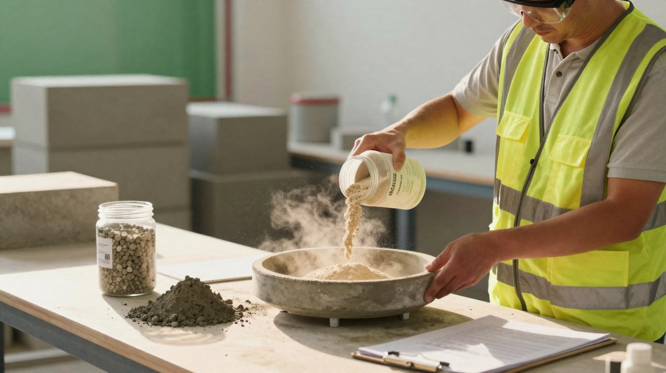 Arbeiter mit Schutzbrille und Warnweste mischt Probenstoff in Schale auf Labortisch mit Dokumenten und Behältern.