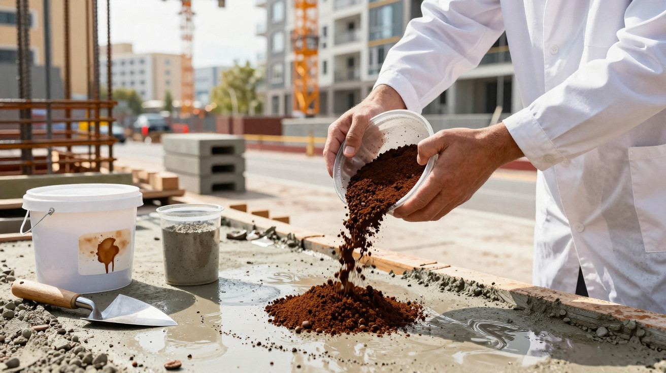 Eine Person gießt Erde oder Substrat auf eine Baustelle mit Betonmischung und Werkzeugen.
