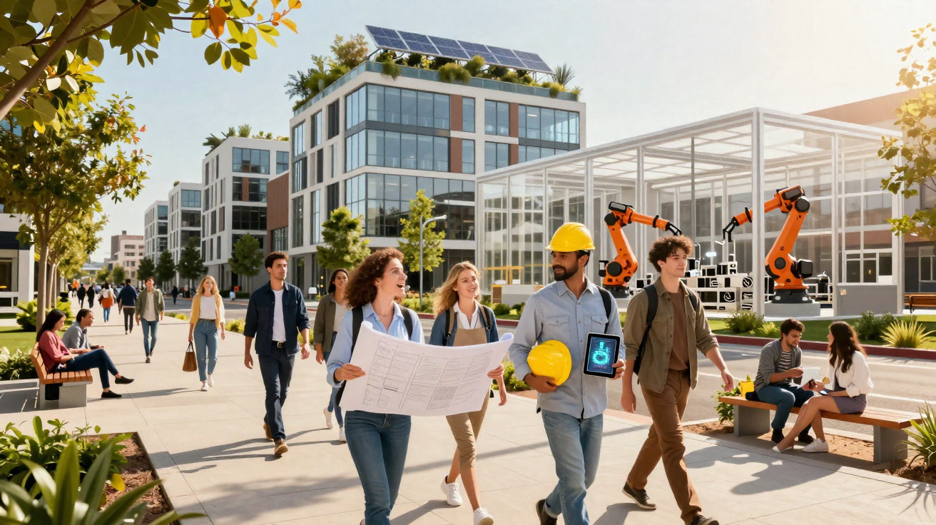 Menschen gehen durch moderne Stadt mit Solaranlagen, Industrie-Robotern und grünen Pflanzen bei Sonnenschein.
