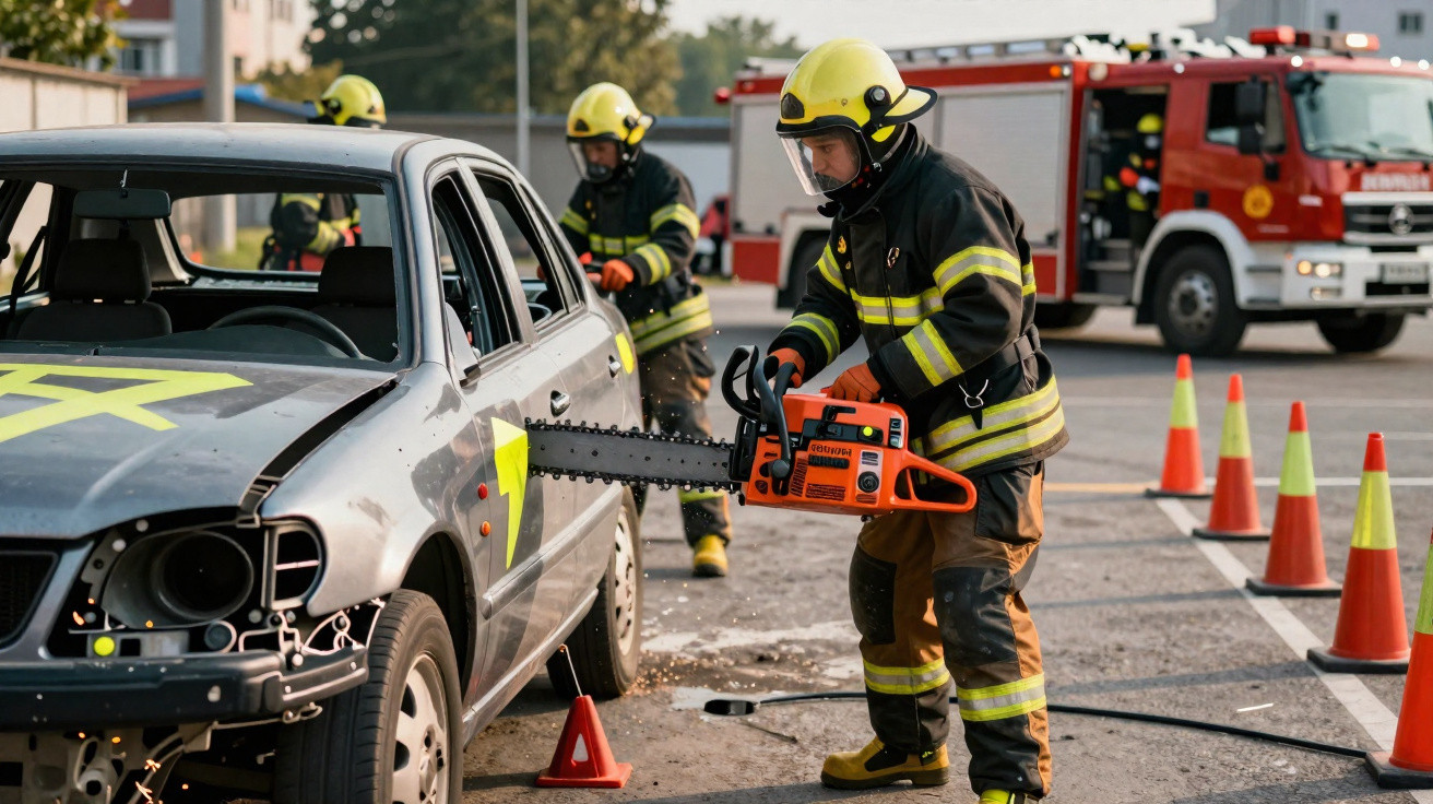 Feuerwehrmann sägt mit Kettensäge an beschädigtem Auto, Feuerwehrfahrzeug und weitere Einsatzkräfte im Hintergrund.
