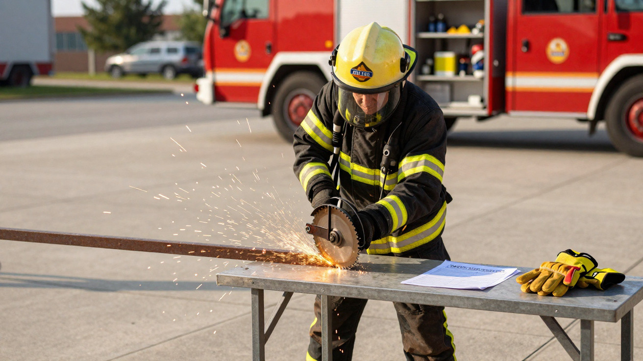 Feuerwehrmann schneidet Metallstange mit Trennschleifer vor Feuerwehrfahrzeug im Freien.