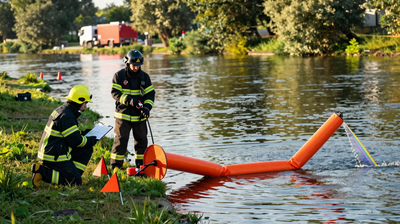 Zwei Feuerwehrleute an einem Fluss installieren eine schwimmende orangefarbene Barriere bei Sonnenlicht.