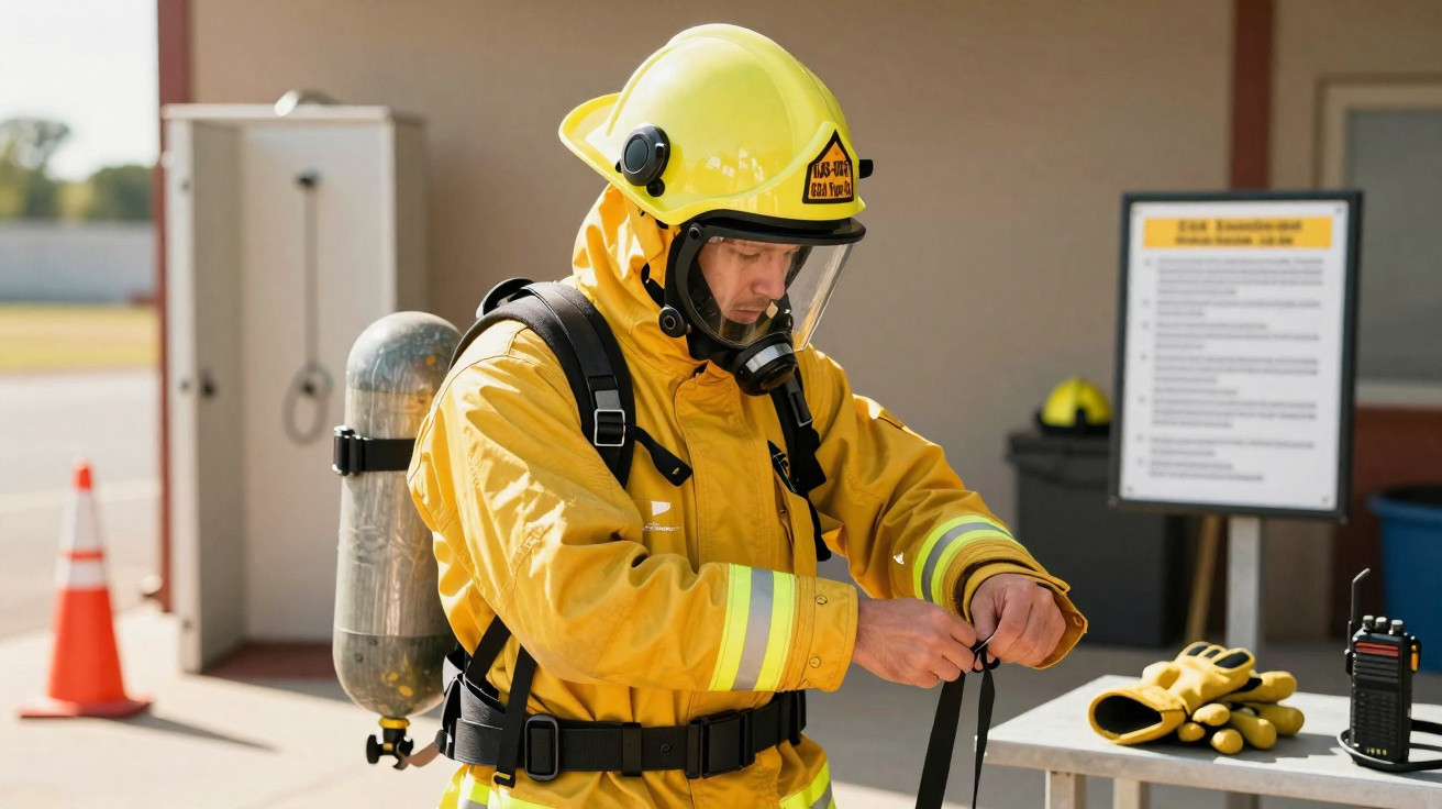 Feuerwehrmann in gelber Schutzkleidung und Helm bereitet Atemschutzgerät vor, Handschuhe und Funkgerät auf Tisch.