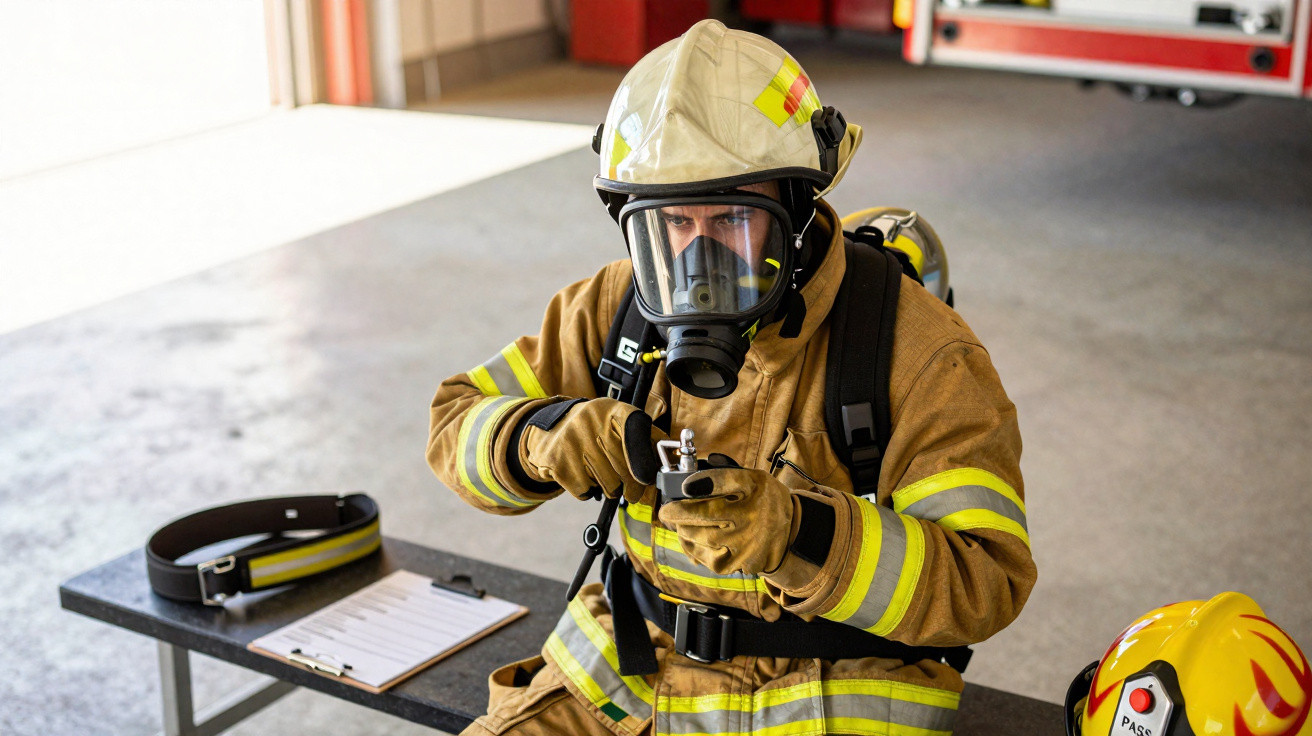 Feuerwehrmann in Schutzkleidung und Atemmaske sitzt auf Bank und hält Funkgerät in der Hand.