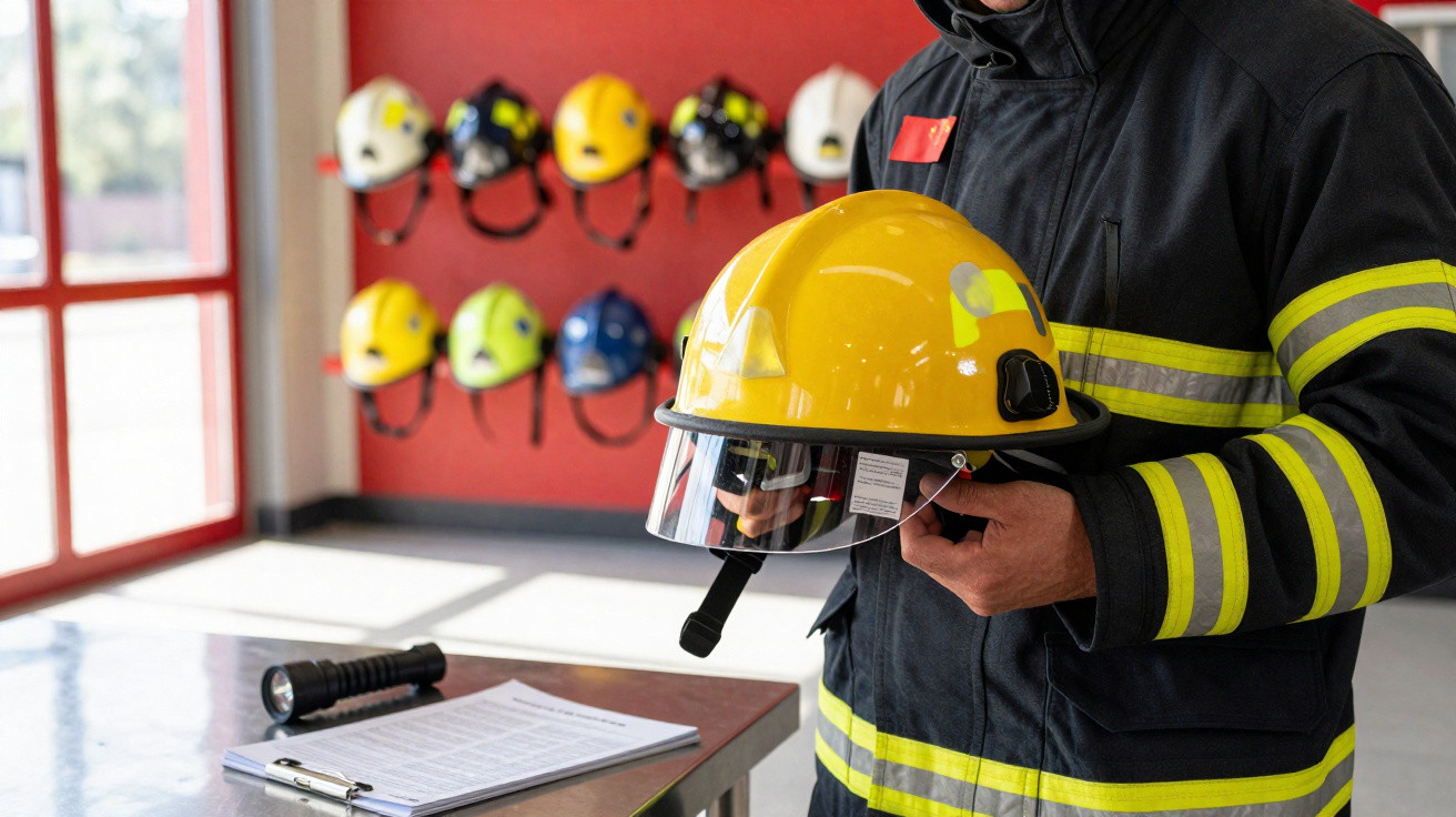 Feuerwehrmann hält gelben Helm in Feuerwache mit weiteren Helmen an der roten Wand im Hintergrund.