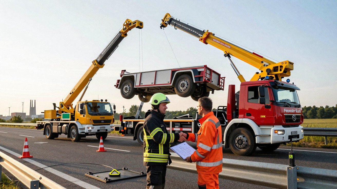 Zwei Männer in Arbeitskleidung schütteln sich neben zwei Kränen die Fahrgestell eines Fahrzeugs anheben auf Autobahn.