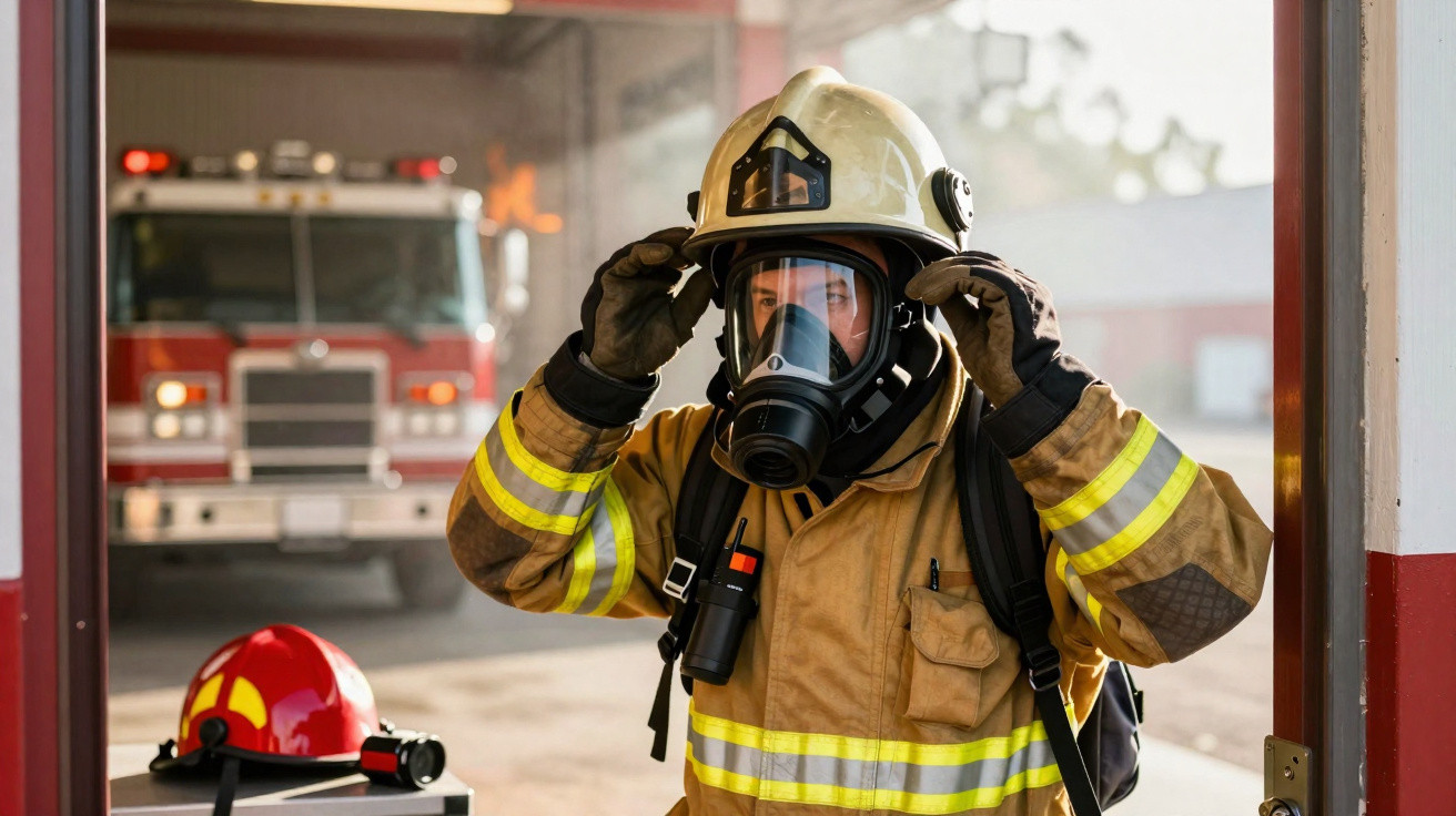 Feuerwehrmann mit Schutzmaske und Helm vor Feuerwehrfahrzeug in Einsatzkleidung beim Einsatzbereitmachen.