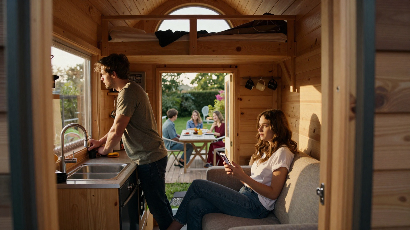 Innenansicht einer Holzhütte mit jungen Erwachsenen, zwei im Inneren und drei draußen am Gartentisch.