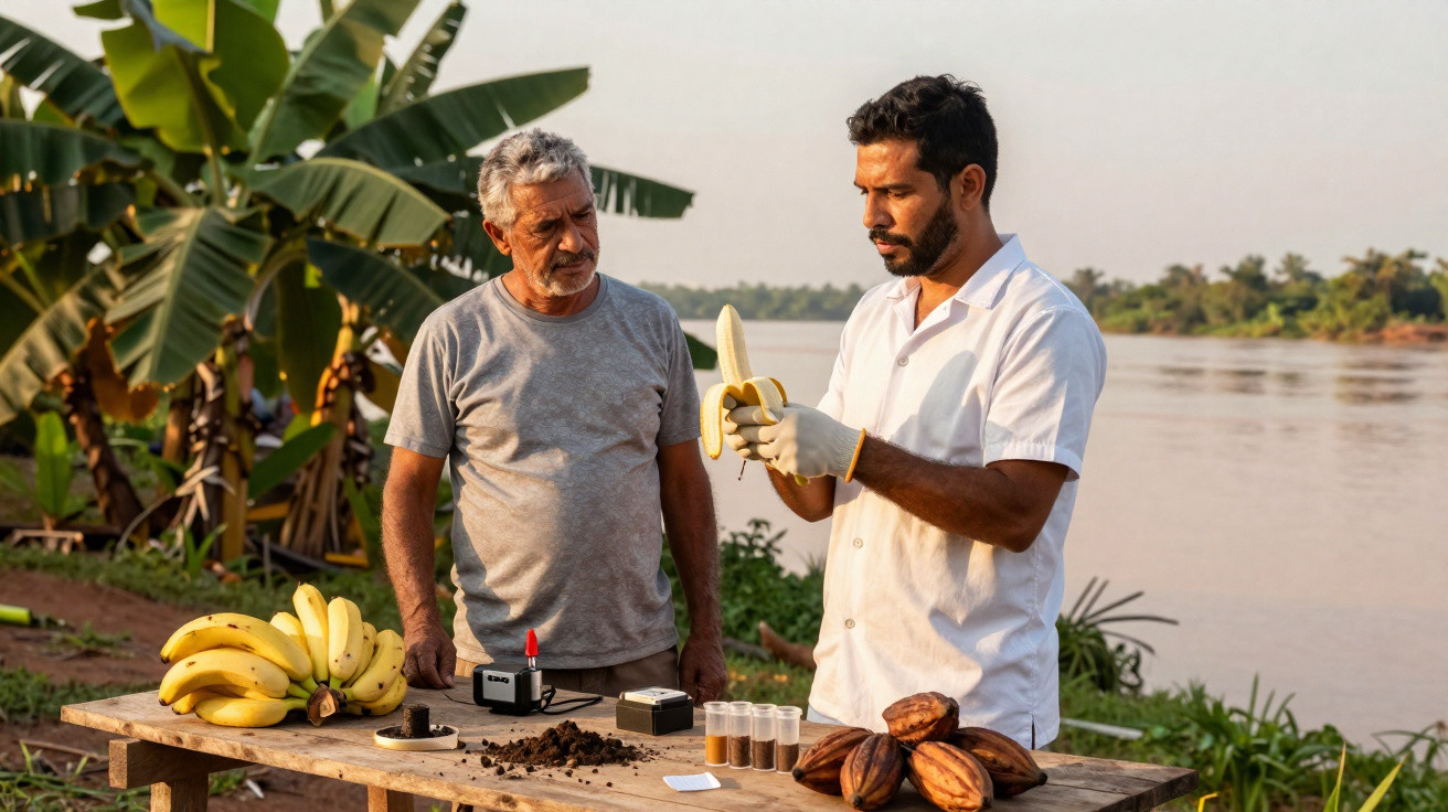 Zwei Männer untersuchen Bananen und Kakaosamen an einem Tisch nahe einem Fluss in einer Plantage.