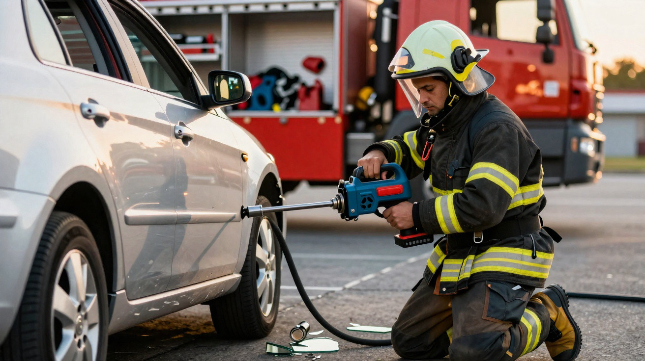 Feuerwehrmann in Schutzkleidung nutzt Hydraulikwerkzeug, um ein Autotürschloss zu öffnen, Feuerwehrauto im Hintergrund.