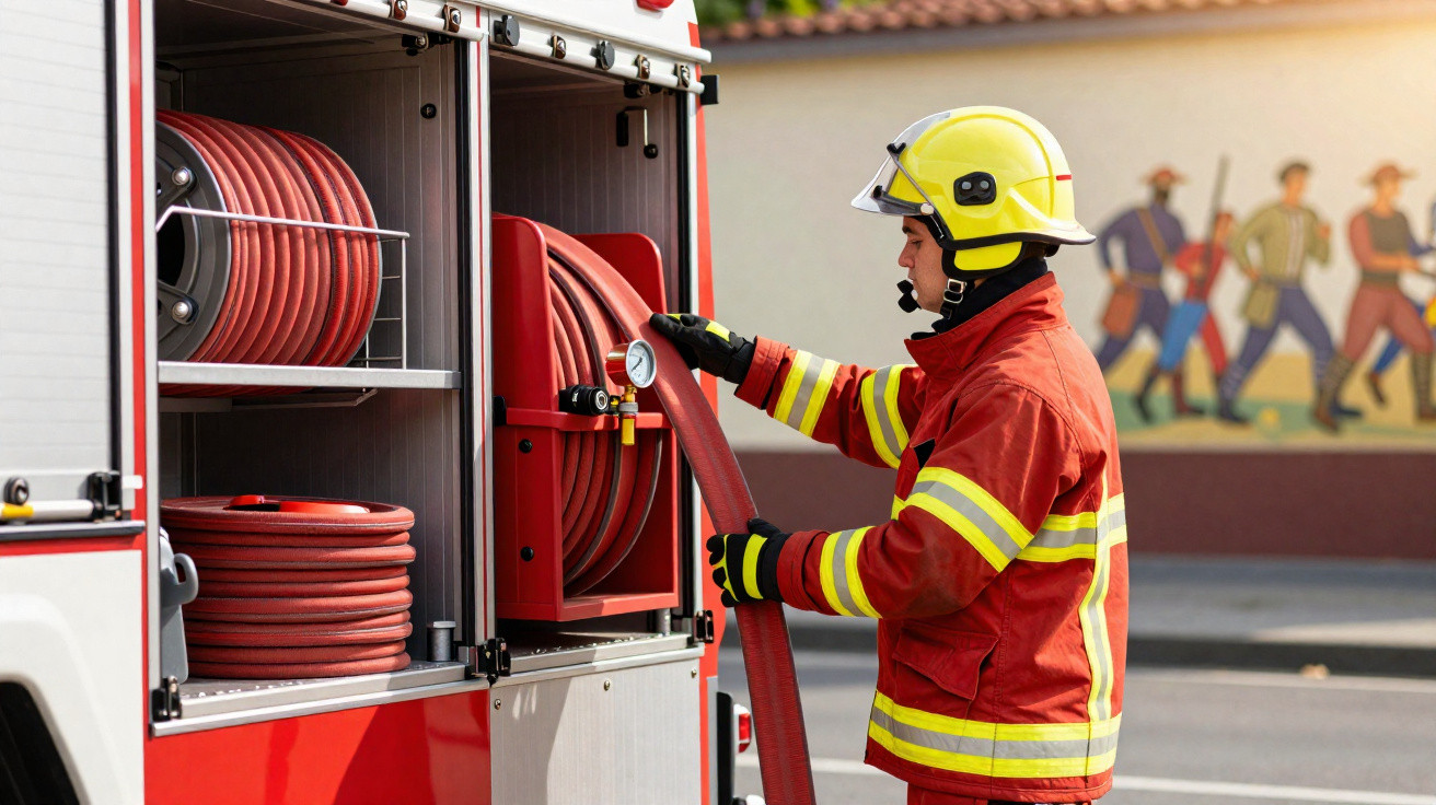 Feuerwehrmann in Schutzhelm zieht Feuerwehrschlauch aus Aufbewahrung am Einsatzfahrzeug.