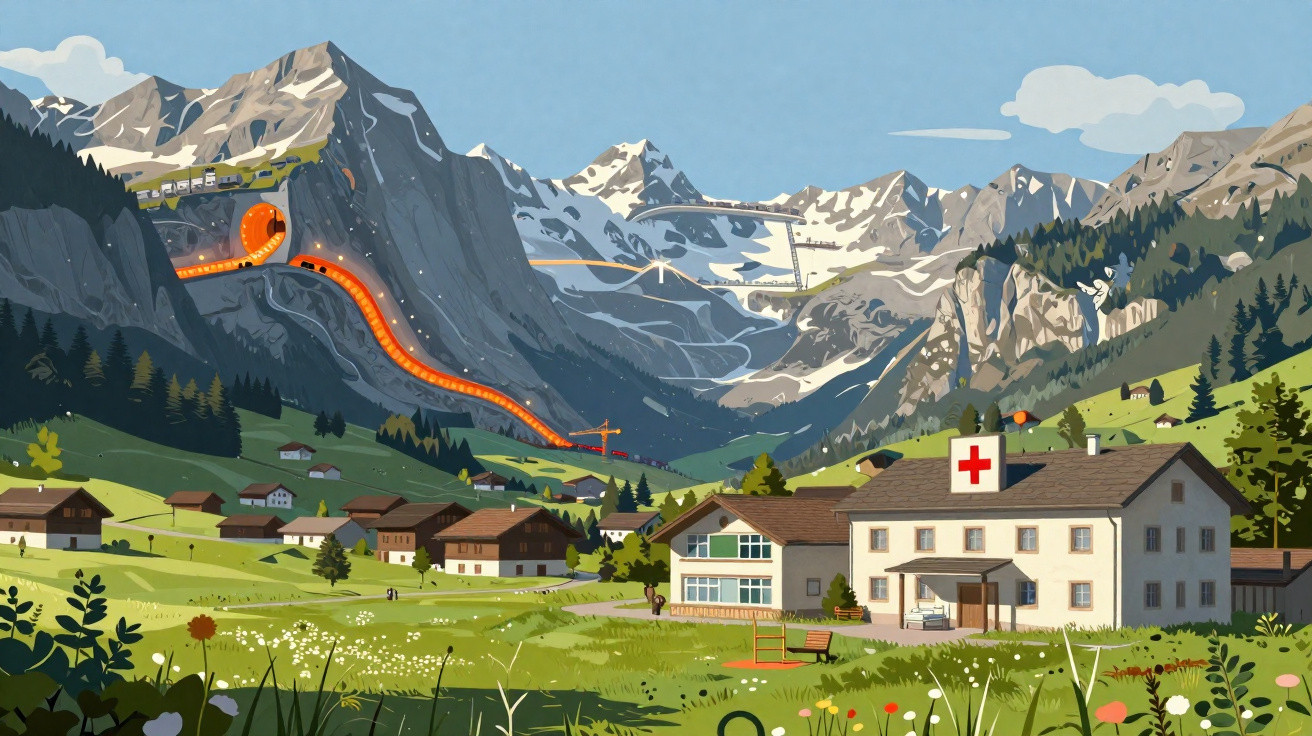 Alpenlandschaft mit grünen Wiesen, Häusern, Krankenhaus und Seilbahn vor schneebedeckten Bergen.
