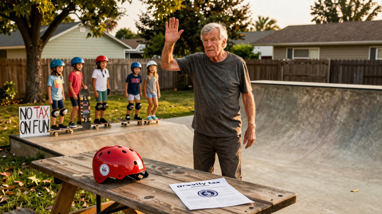 Älterer Mann hebt Hand bei Skatepark, Kinder mit Helmen auf Skateboards im Hintergrund, Schild „No tax on fun“.