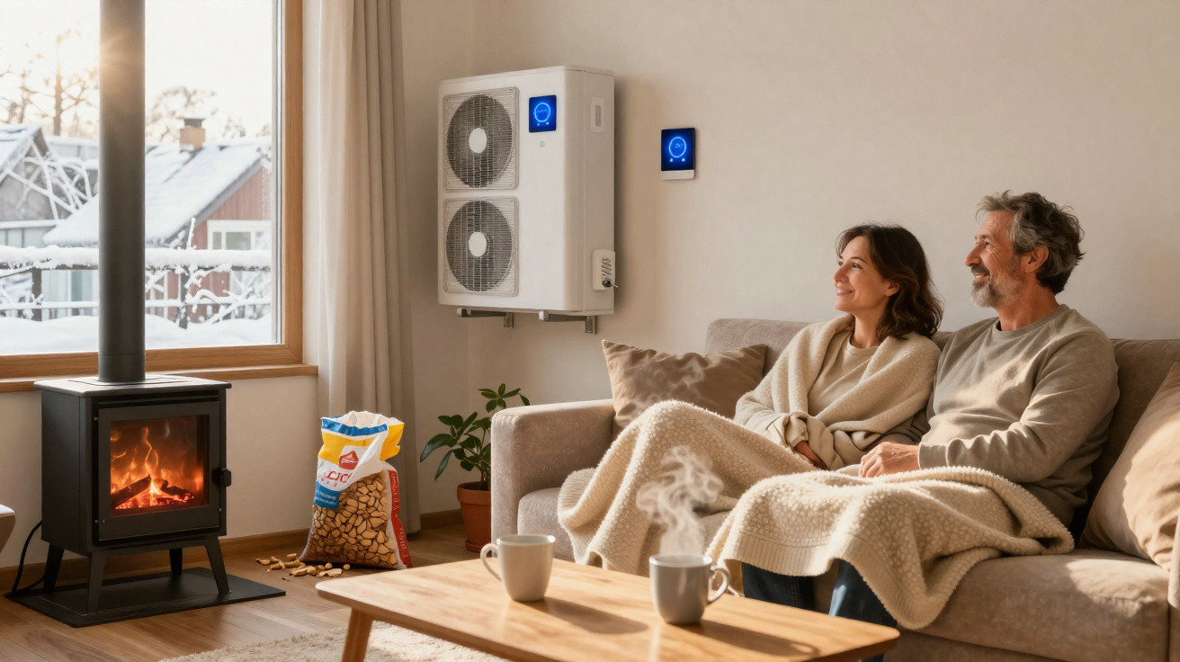 Ein Paar sitzt mit Decken auf dem Sofa vor einem Kamin in einem gemütlichen Wohnzimmer an einem winterlichen Tag.
