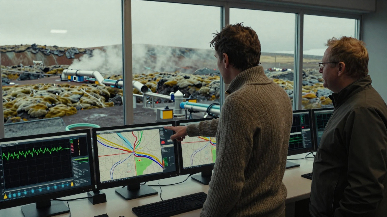 Zwei Männer überwachen Daten auf Monitoren in einer Kontrollstation mit Blick auf dampfende Erdwärmeanlagen.