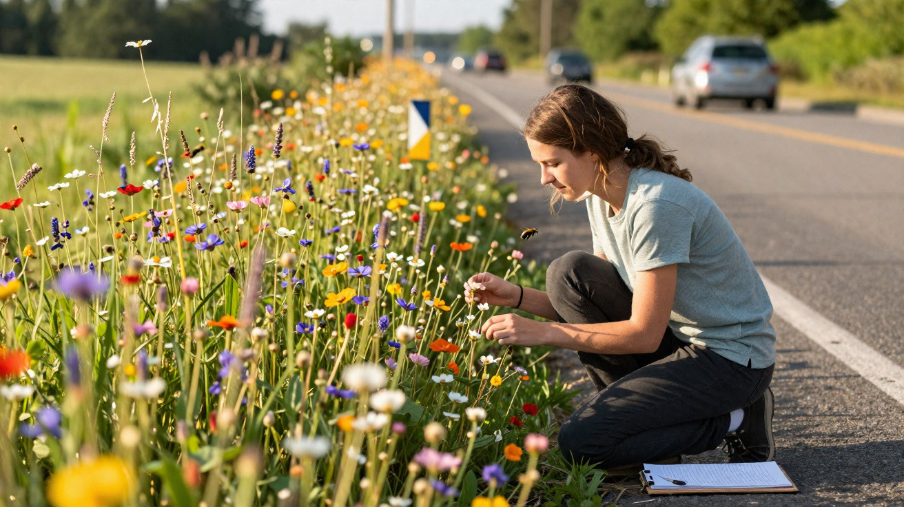 Frau kniet an bunter Blumenwiese am Straßenrand, beobachtet Blume und Biene bei sonnigem Wetter.