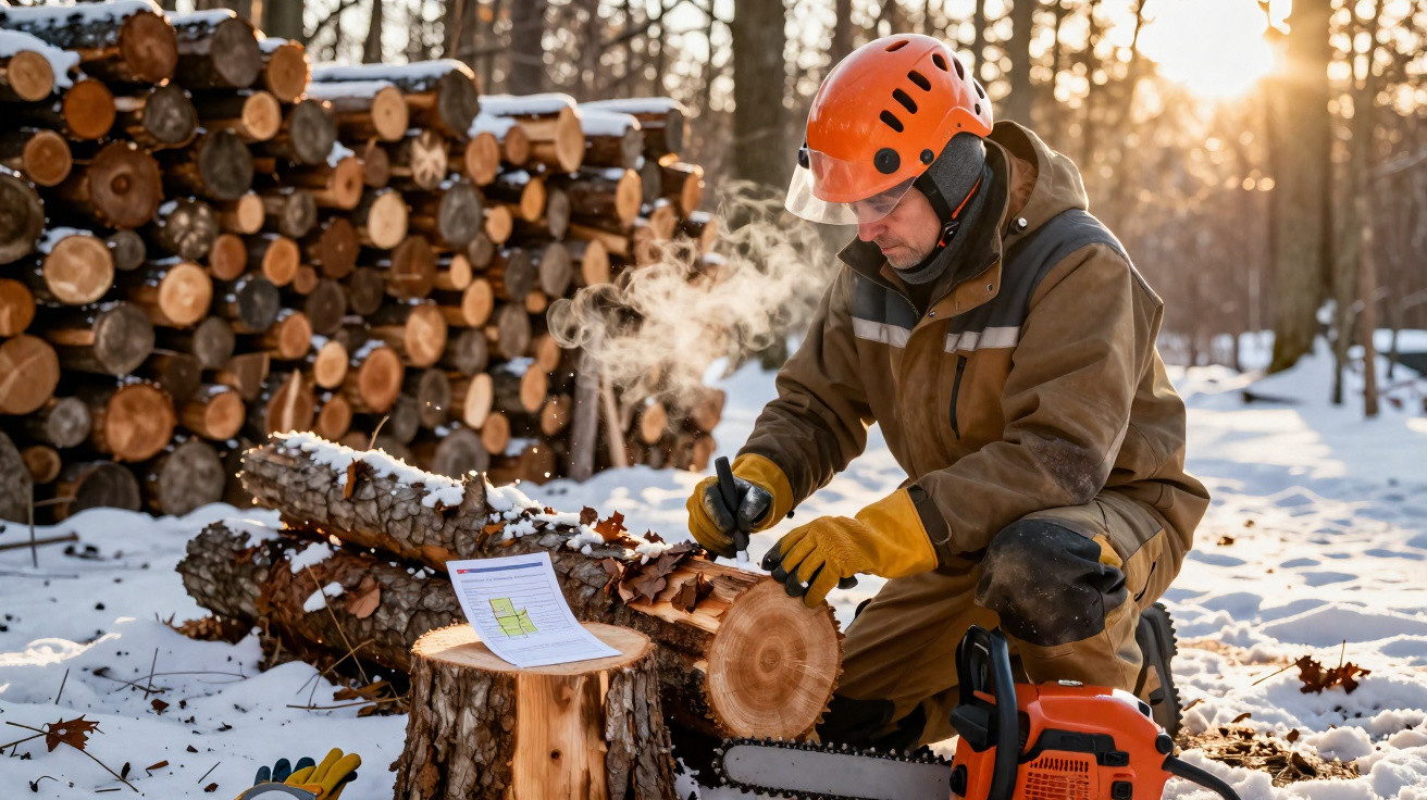 Forstarbeiter mit Helm zeichnet Markierungen auf Baumstamm im verschneiten Wald, Stapel Holz im Hintergrund.