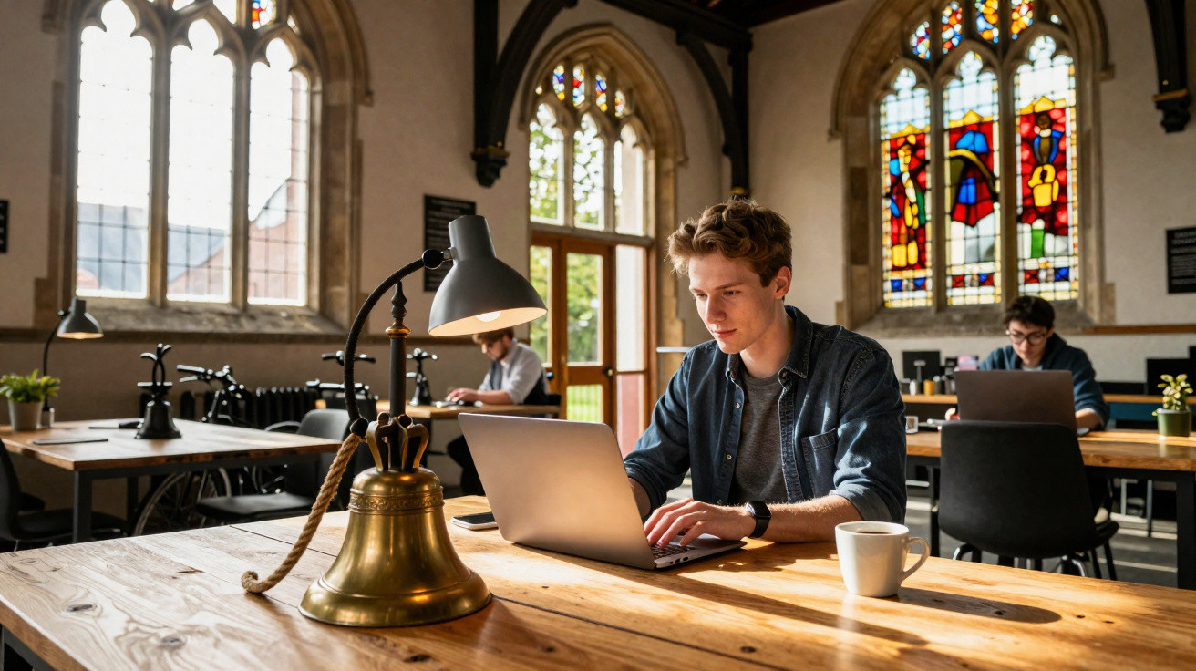 Junger Mann arbeitet an Laptop in historischem Lesesaal mit großen Fenstern und bunten Glasmalereien.