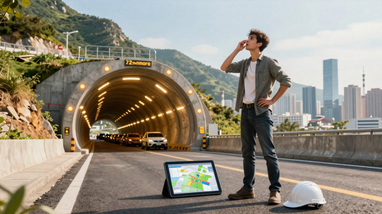 Junger Mann mit Tablet und Helm steht vor beleuchtetem Straßentunnel in bergiger Stadtlandschaft.
