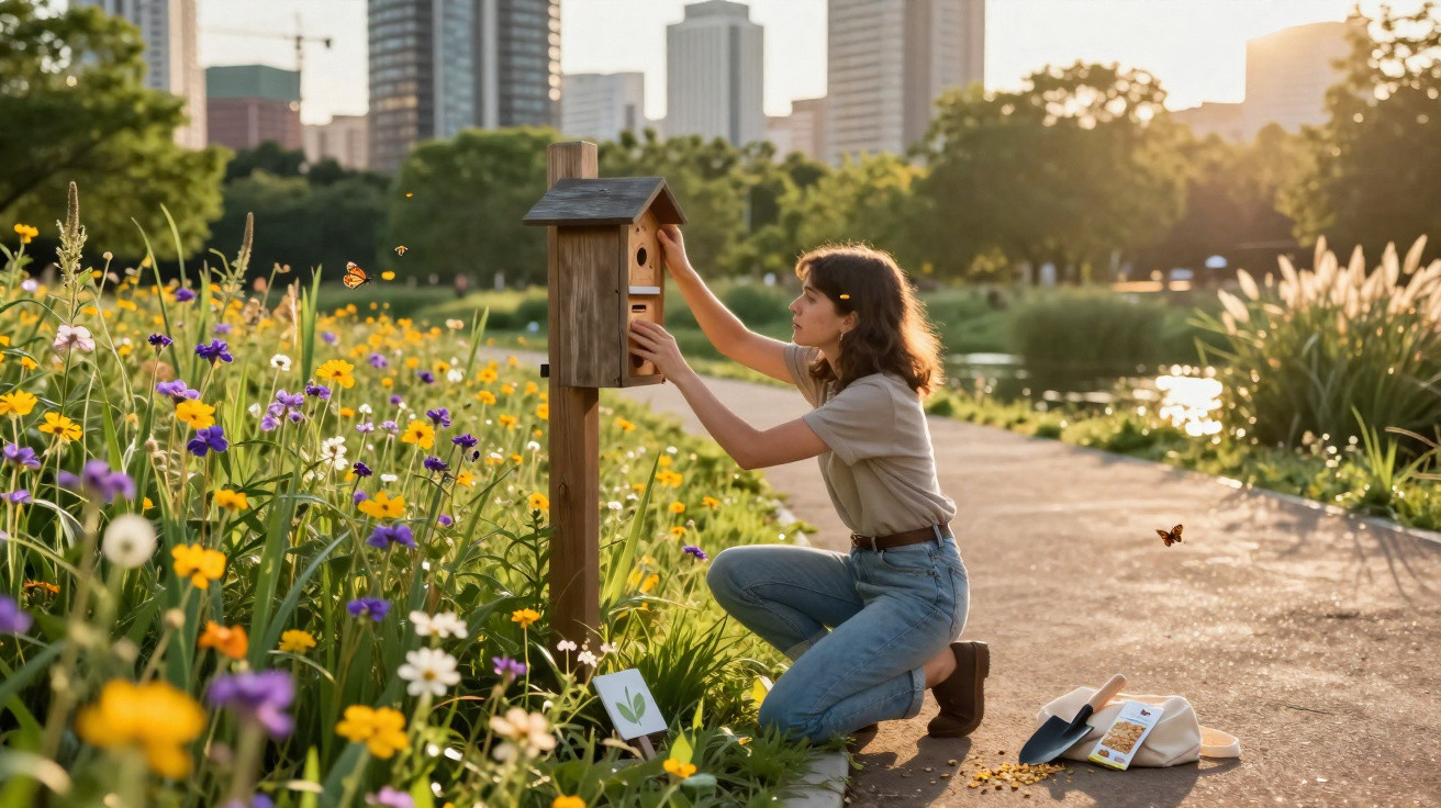 Frau hockt in wilder Blumenwiese im Park und inspiziert Holzvogelhaus bei Sonnenuntergang.