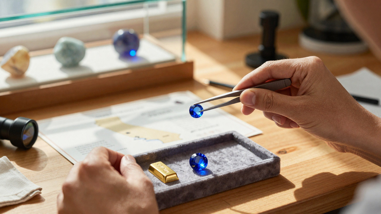 Person betrachtet mit Pinzette einen blauen Edelstein neben Goldbarren auf Schreibtisch mit Lupen und Dokumenten.