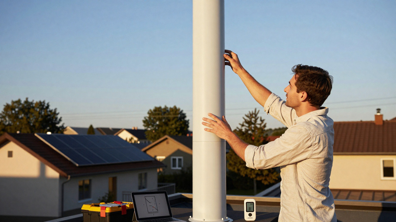 Mann montiert weiße Antenne auf Dach bei Sonnenuntergang, neben Werkzeuge und Laptop mit Grafik.