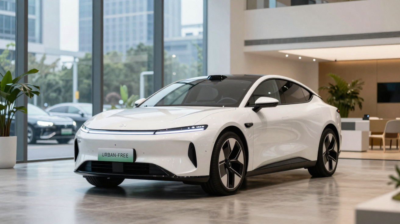 Weißes Elektroauto „Urban-Free“ in modernem Showroom mit großen Fenstern und Pflanzen im Hintergrund.