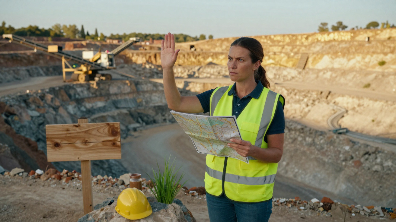 Frau mit Warnweste hält Karte und signalisiert Stopp auf einer Baustelle in einem Steinbruch bei Tageslicht.