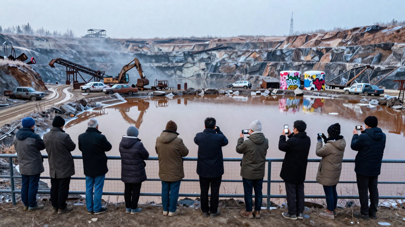 Zehn Personen fotografieren eine Baustelle mit Baggern und Fahrzeugen vor einem großen, mit Wasser gefüllten Steinbruch.