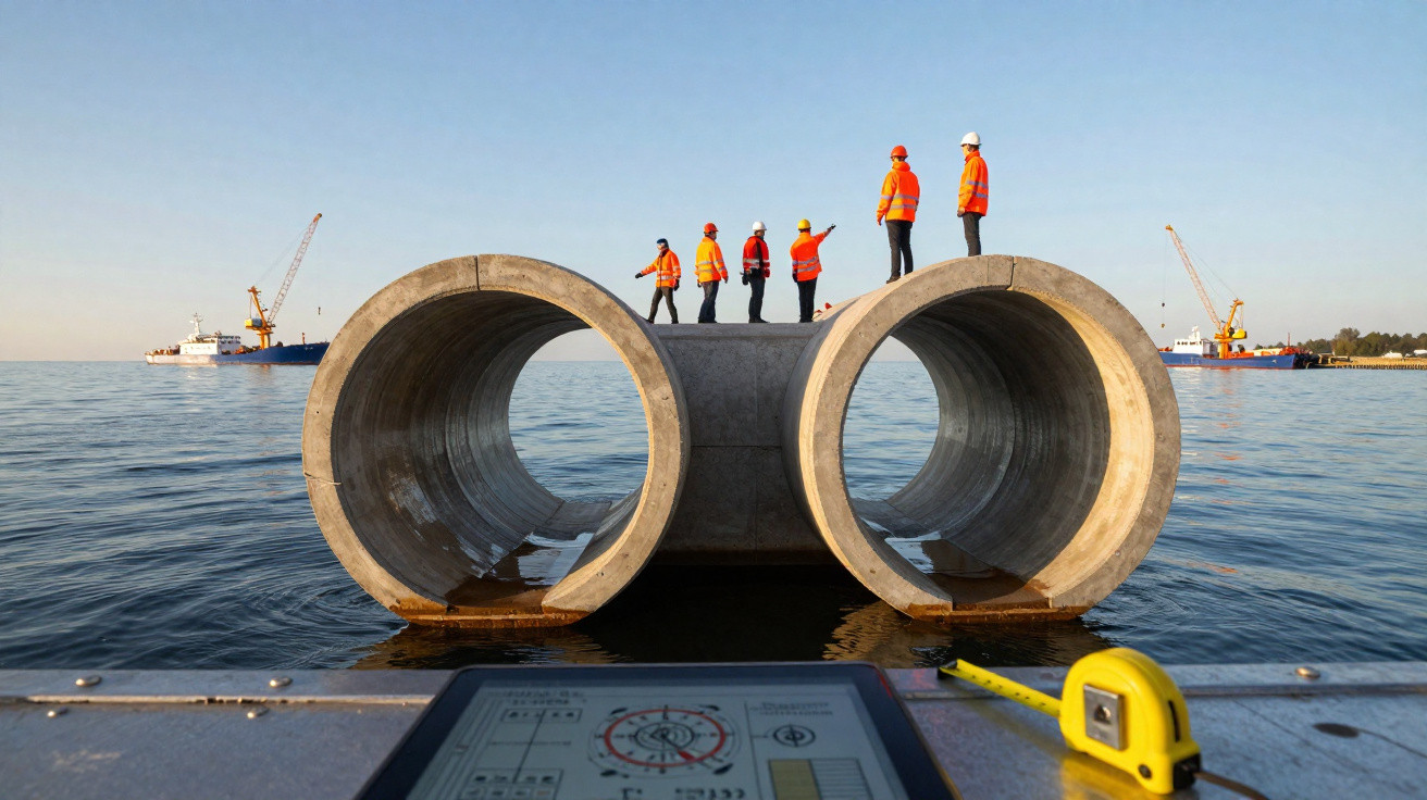 Bauarbeiter in orangen Sicherheitswesten auf großen Betonrohren im Wasser mit Schiffen und Kränen im Hintergrund.
