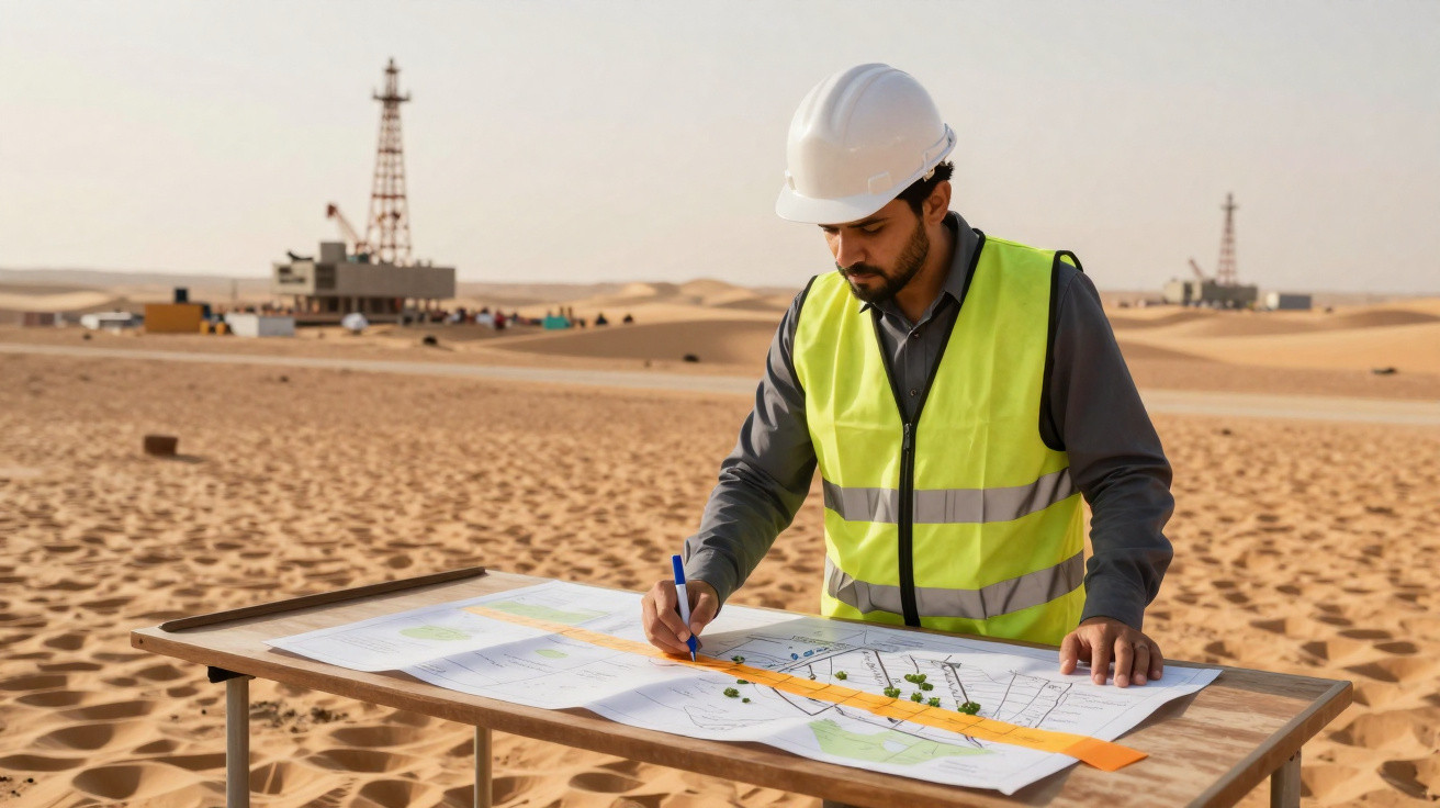 Ingenieur mit Helm und Warnweste prüft Baupläne in einer Wüstenlandschaft mit Ölbohrtürmen im Hintergrund.