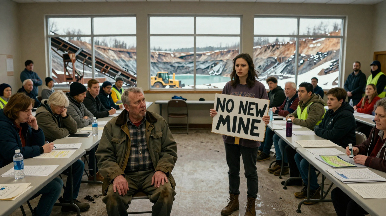 Junge Frau hält Protestschild "No New Mine" bei Gemeindesitzung vor zerstörter Bergbaufläche draußen.