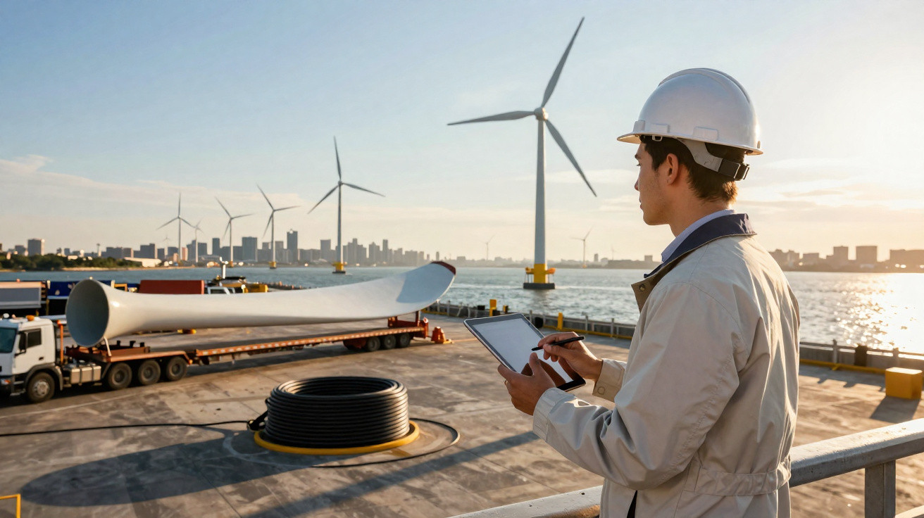 Ingenieur mit Schutzhelm kontrolliert Windenergieanlagen an einem Hafen mit Windradflügel auf LKW.