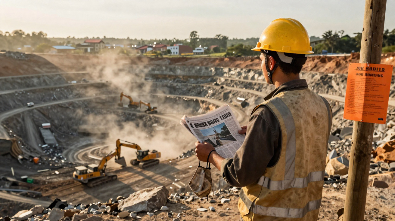 Bauarbeiter mit Helm liest Zeitung auf Baustelle mit Baggern und Staub in großem Tagebau.