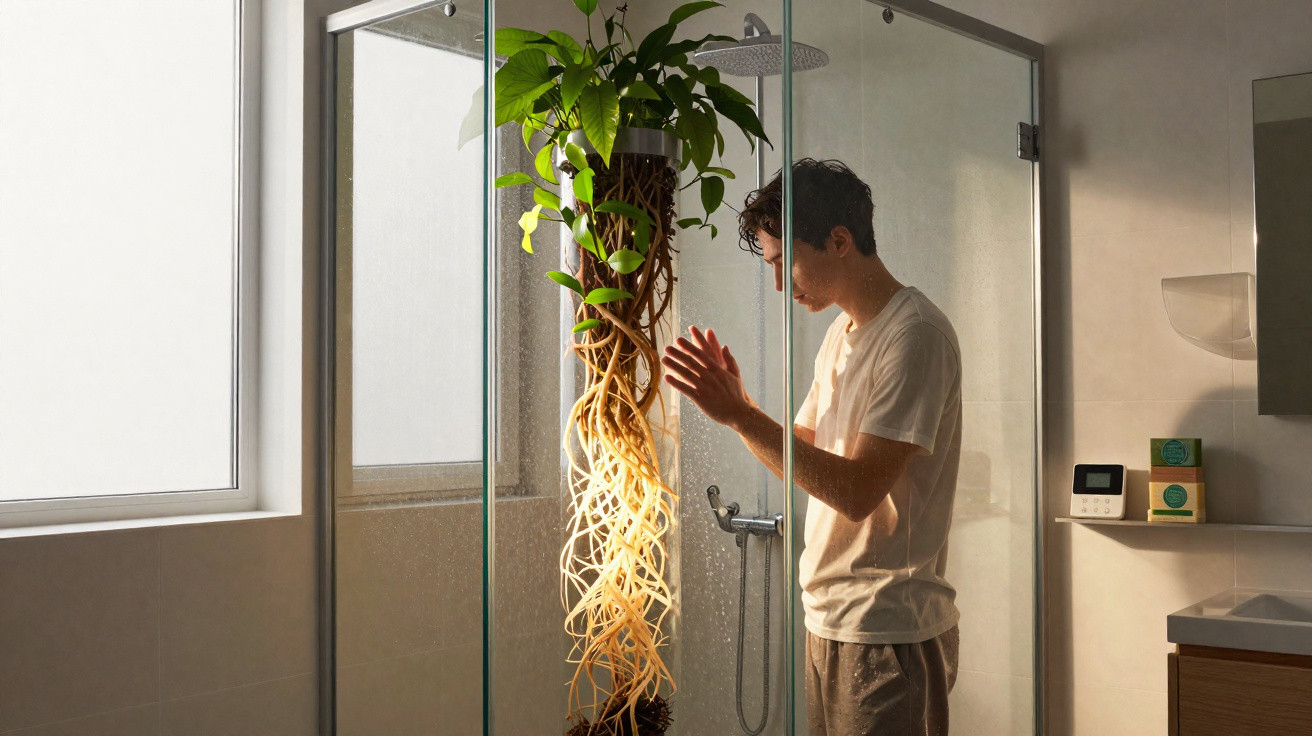 Mann in Badeanzug berührt in einer modernen Dusche eine hängende Pflanze mit leuchtenden Wurzeln.