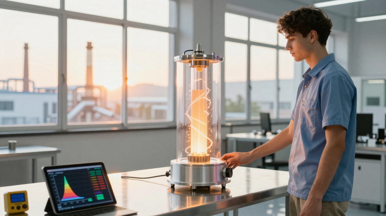 Junger Mann bedient futuristisches Gerät mit leuchtender Spirale im modernen Labor bei Sonnenuntergang.