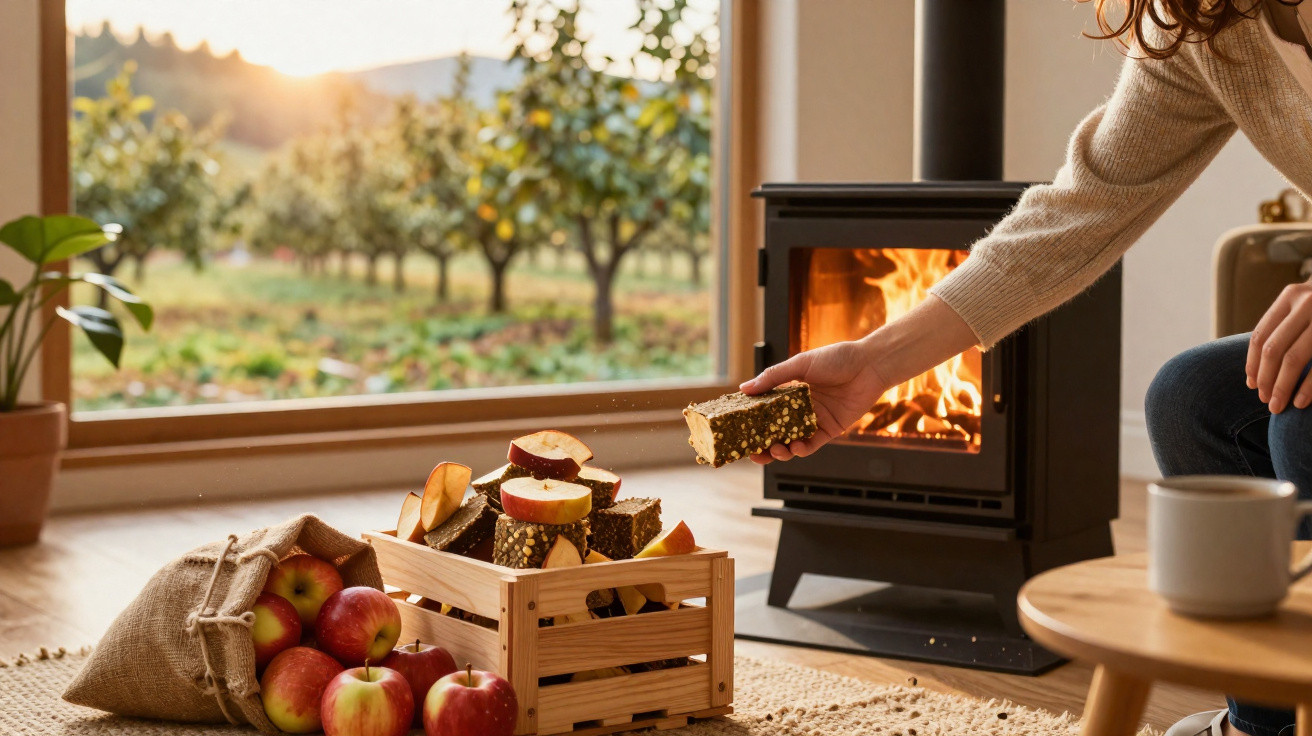 Blick auf einen Holzofen, Apfelkorb und eine Hand, die Holz zum Feuer hinzufügt, gemütliche herbstliche Szenerie