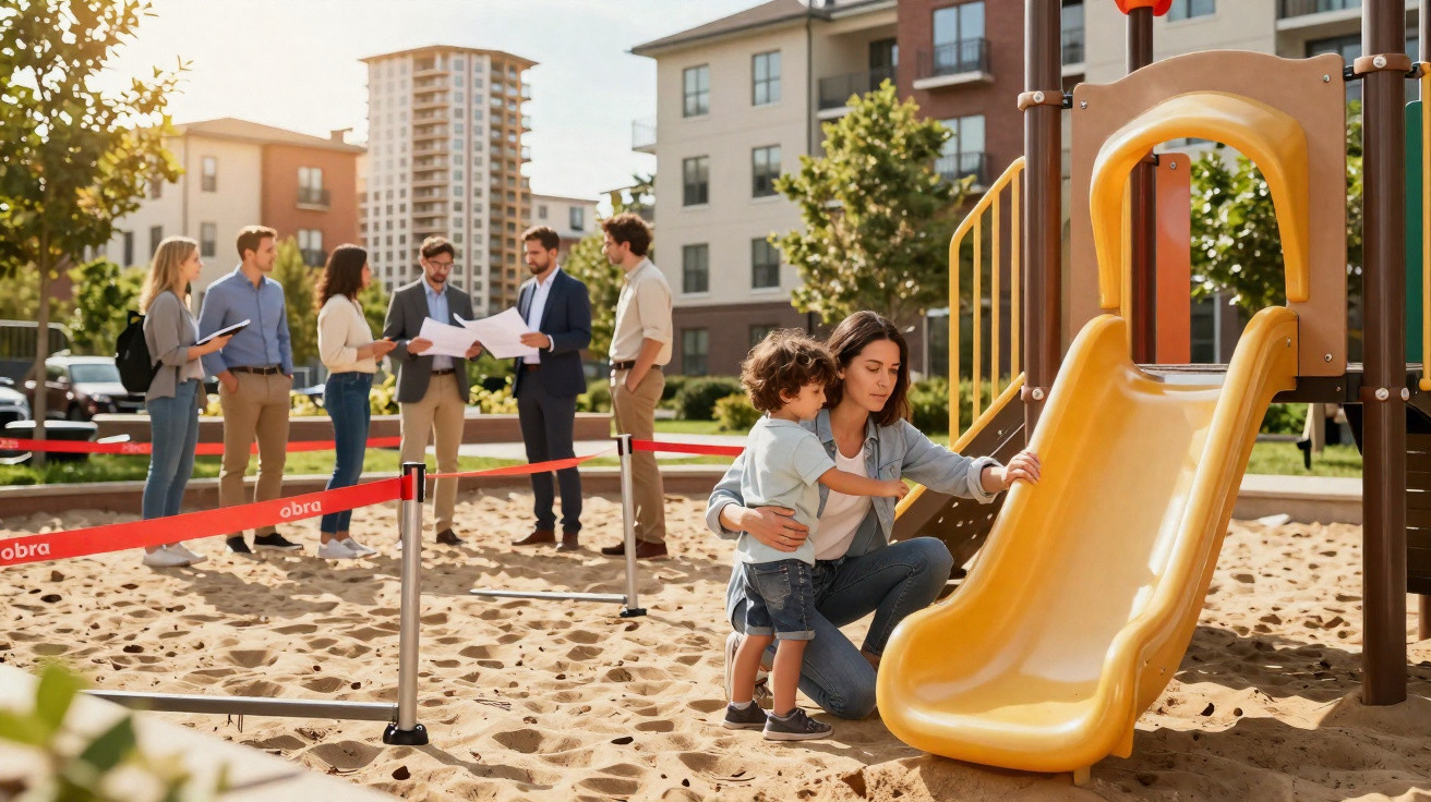 Frau mit Kind an gelber Rutsche auf Spielplatz, im Hintergrund besprechen sich Personen vor Wohngebäuden.