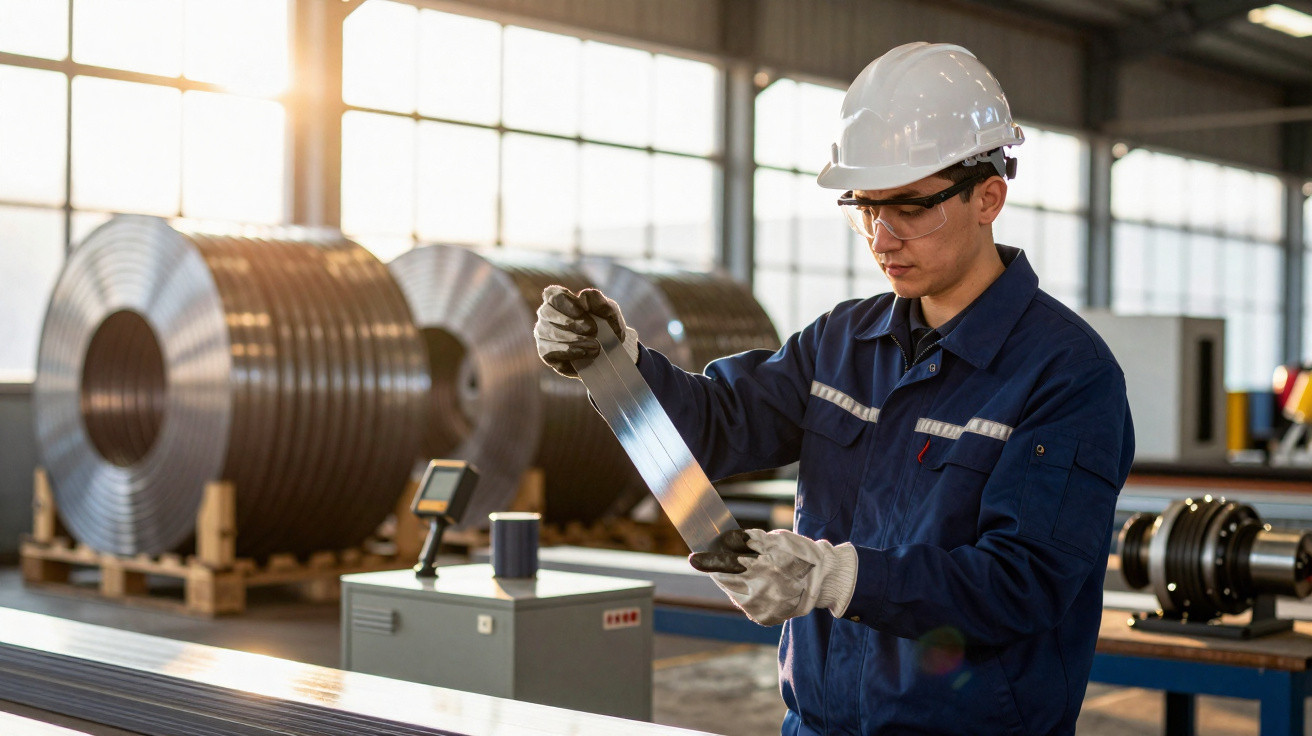 Industriemechaniker in Schutzkleidung überprüft Metalldraht in moderner Fabrikhalle.