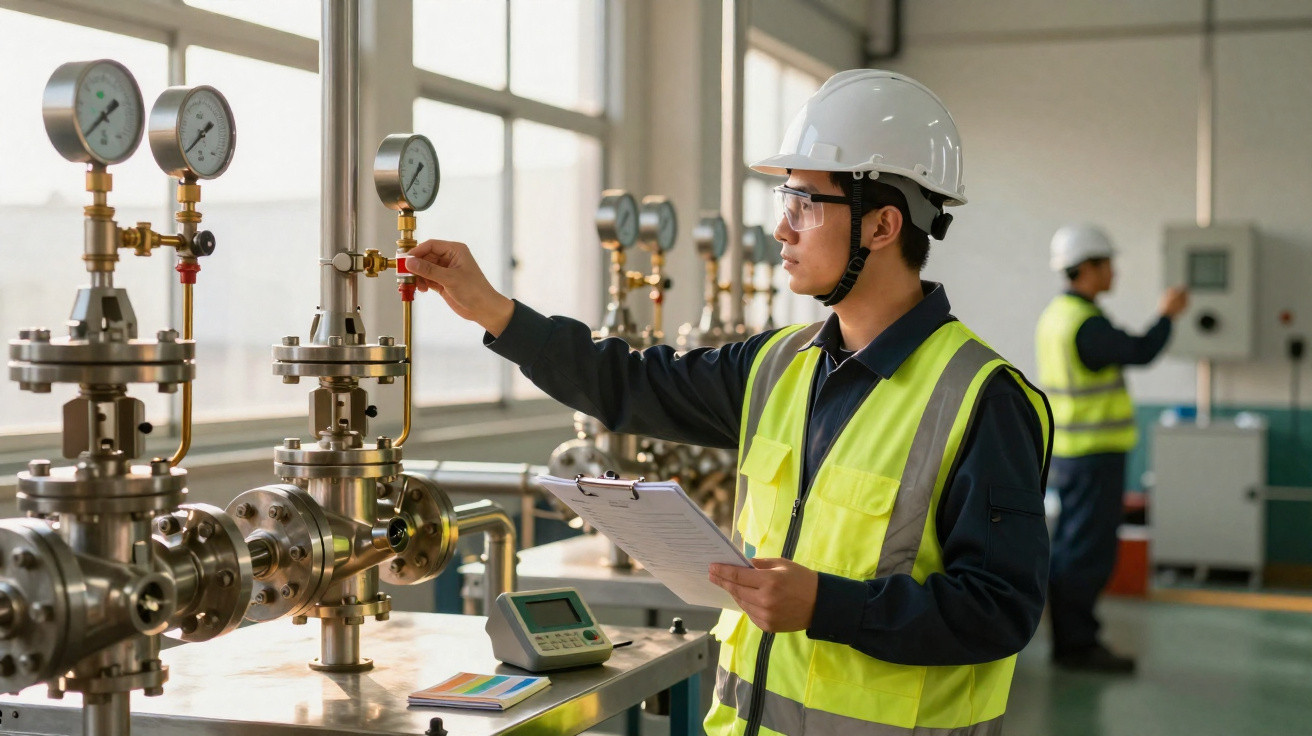 Ingenieur mit Schutzhelm und Warnweste überprüft Messgeräte und Ventile in einer Industrieanlage.