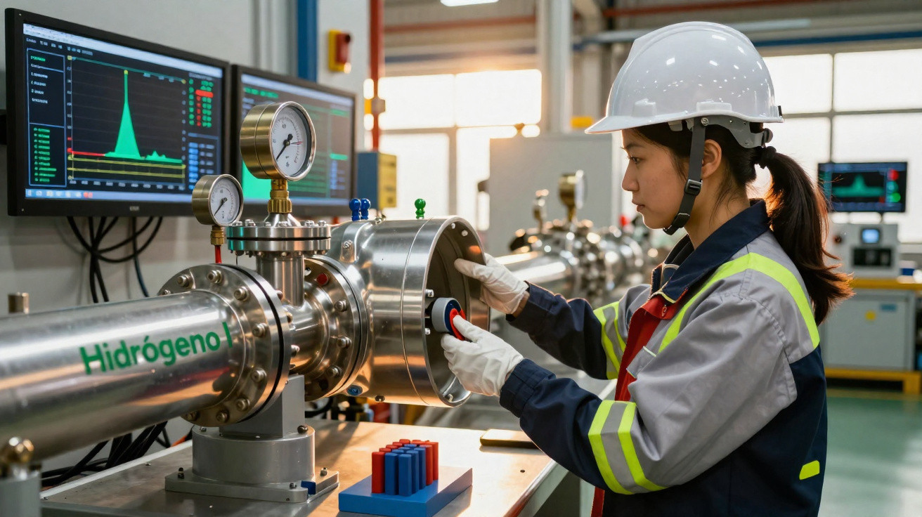 Frau mit Helm und Schutzkleidung arbeitet an metallischer Wasserstoffanlage in Labor mit Monitoren.