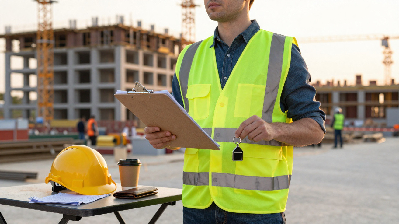 Bauleiter mit Warnweste hält Schlüssel und Klemmbrett auf Baustelle mit Helm und Kaffee auf Tisch.