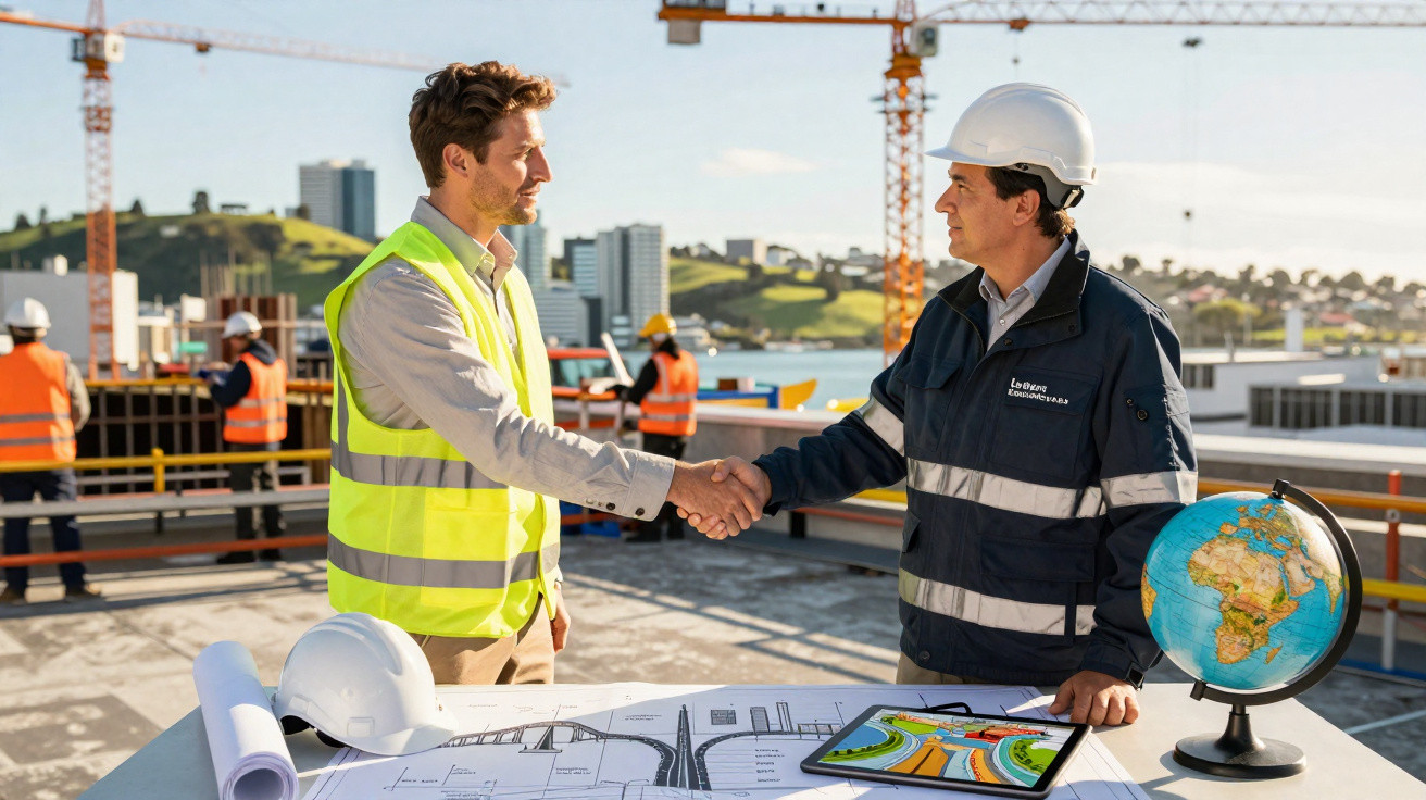 Zwei Bauarbeiter schütteln sich auf einer Baustelle die Hand, Baupläne und Globus auf dem Tisch.