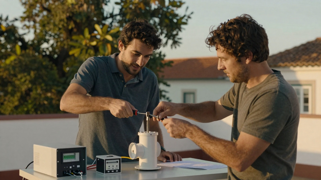 Zwei Männer arbeiten gemeinsam an technischem Gerät auf einem Tisch im Freien bei Sonnenlicht.